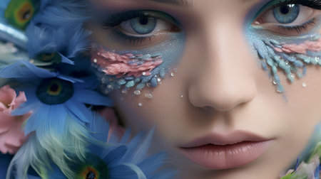 Close-up portrait of a beautiful young woman with blue and pink make-up and flowersの素材