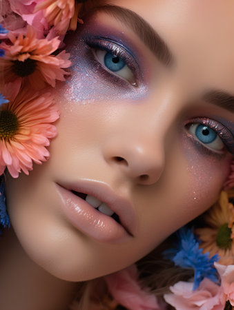 Close-up portrait of a beautiful girl with flowers in her hairの素材