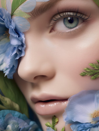 Beautiful young woman with blue flowers. Beauty face. Photo taken in the studio.の素材
