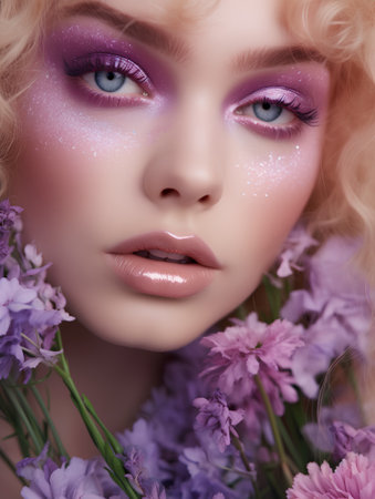 Portrait of a beautiful girl with pink make-up and flowersの素材