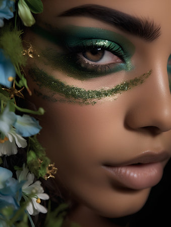 Close-up portrait of a beautiful young woman with green make-up and flowersの素材