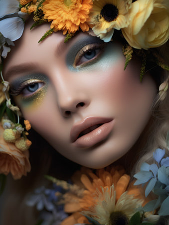 Beautiful young woman with flowers in her hair. Portrait of a beautiful girl with bright make-up and flowers.の素材