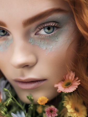 Close-up portrait of beautiful young woman with green makeup and flowersの素材