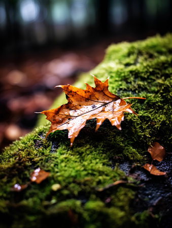 Autumn leaf on the moss in the forest. Selective focus.の素材
