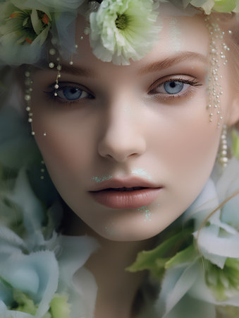 Portrait of a beautiful young woman with flowers in her hair. Beauty, fashion.の素材