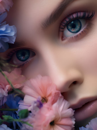 Beautiful young woman face with flowers. Perfect makeup. Beauty, fashion.の素材