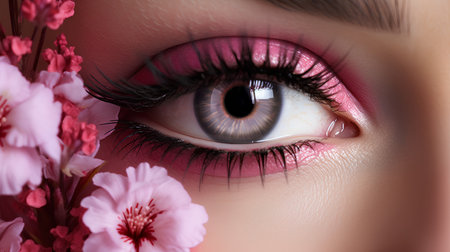Beautiful woman's eye with pink makeup and flowers. Close up.の素材