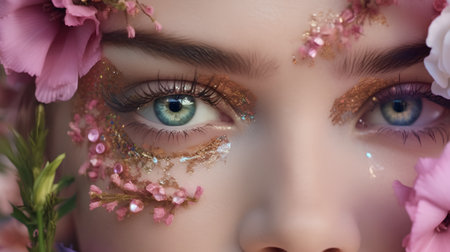 Close-up portrait of a beautiful young woman with creative make-up and pink flowersの素材