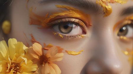Beautiful woman with golden make-up and flowers in her hairの素材