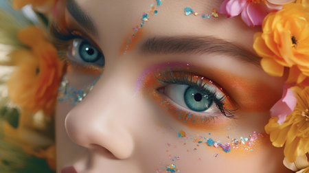 Closeup portrait of beautiful young woman with bright makeup and flowers.の素材