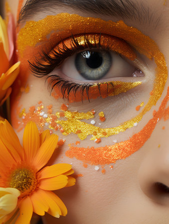 Close up portrait of beautiful young woman face with orange and yellow make up and flowersの素材