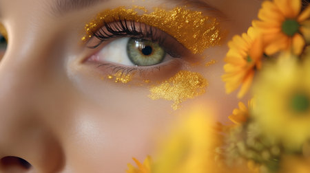Close up of beautiful woman's eye with yellow make up and flowersの素材
