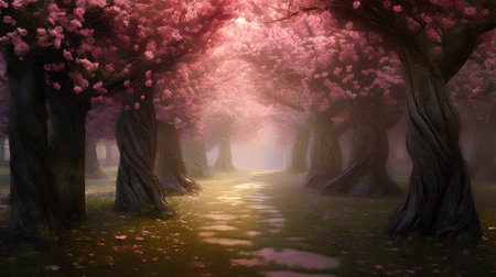 Beautiful spring landscape with blooming sakura trees. 3d renderの素材