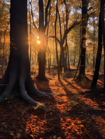 Sunset in the autumn forest. Autumn forest with sun rays.の素材