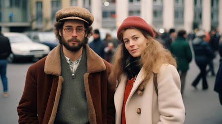 young stylish couple in the city on the street, fashion lifestyle peopleの素材