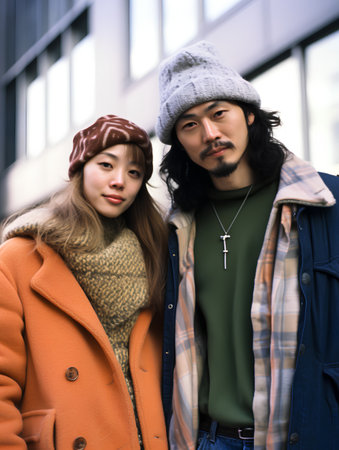 Young asian couple walking in the city. Outdoor lifestyle portrait.の素材