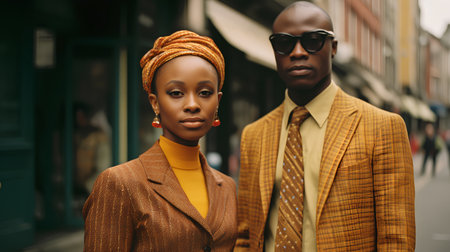 Fashionable african american man and woman in stylish clothes posing in the city.の素材