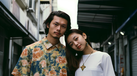 Portrait of young Asian couple in love walking in the city.の素材