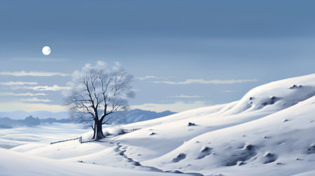 Winter landscape with a lonely tree in the mountains. Vector illustration.の素材