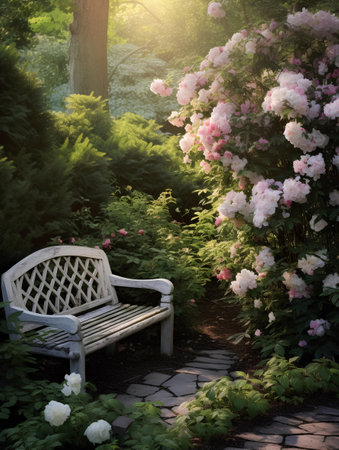 Wooden bench in the park with blooming pink rose bushes.の素材