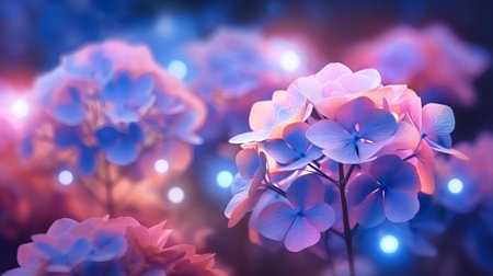 Beautiful hydrangea flowers on a blue background with bokehの素材