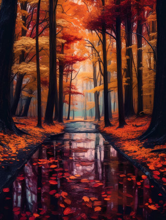 Autumn forest landscape with colorful trees and reflection in a puddleの素材