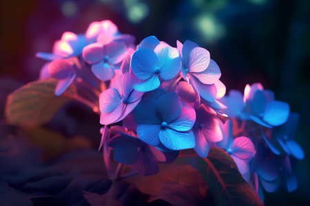 Beautiful blue hydrangea flowers on a dark background.の素材