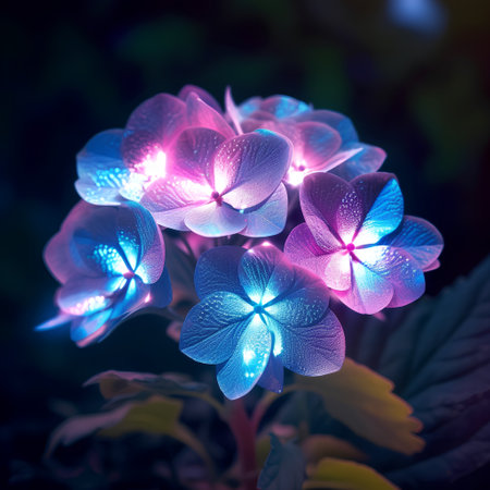 Beautiful purple hydrangea flower in neon light, close upの素材