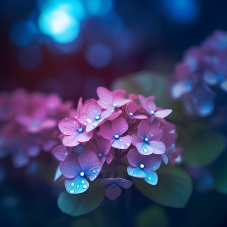 Beautiful hydrangea flowers with dew drops on bokeh backgroundの素材
