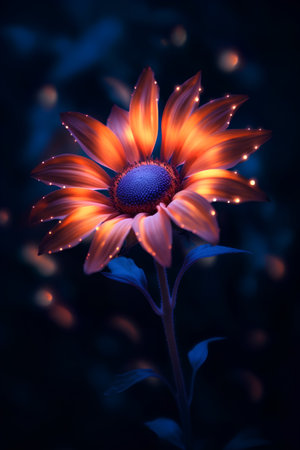 Beautiful sunflower on a dark background with a blue glow.の素材