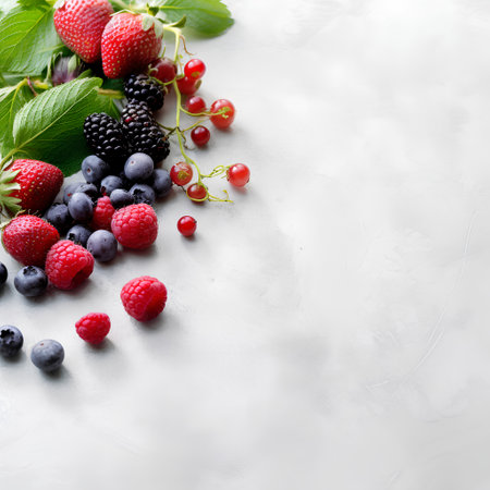 Mix of fresh berries on a light background. Berries background.の素材