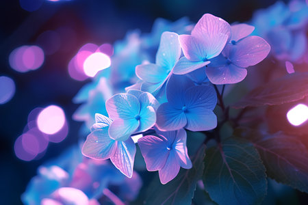 Blue hydrangea flowers with bokeh lights background.の素材