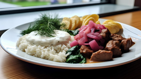 Beef with rice and vegetables on a white plate in a restaurantの素材