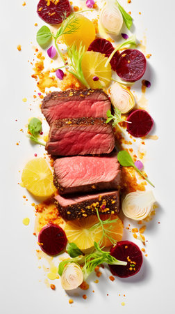 Tasty sliced roast beef with vegetables and spices on a white backgroundの素材