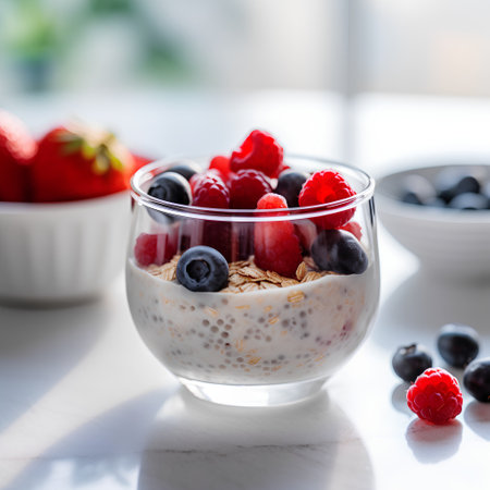 Healthy breakfast with oatmeal, berries and yogurt on white wooden tableの素材