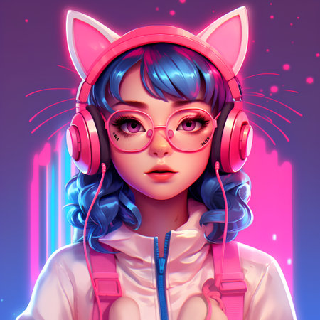 Portrait of a beautiful girl with pink headphones and blue hair.の素材