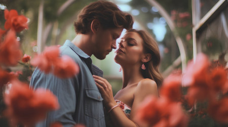 Young beautiful couple in love kissing and hugging in the garden with red flowersの素材