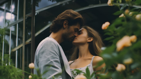 Young couple in love kissing and embracing in the park on a summer dayの素材