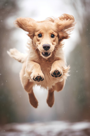 Cocker Spaniel jumping high in the air and looking at cameraの素材