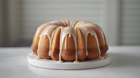 Homemade bundt cake with glaze on a white plate.の素材