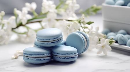 Blue macaroons with spring flowersle table, selective focusの素材