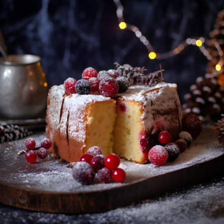 Christmas Cheesecake with Berries and icing sugar on dark backgroundの素材