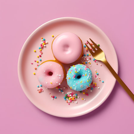 Top view of colorful donuts on pink plate with fork on pink backgroundの素材