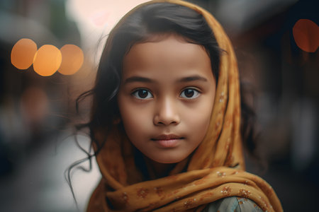 Portrait of a little girl in a yellow scarf on the streetの素材