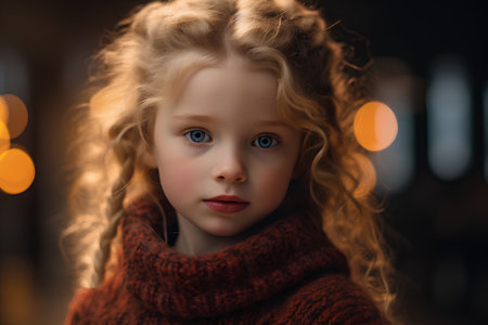 Portrait of a beautiful little girl with blond curly hair in a red knitted sweater.の素材