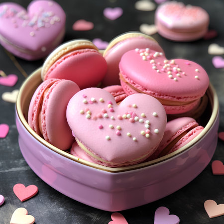 Gentle macaroons in heart shaped bowl on grey table, closeupの素材