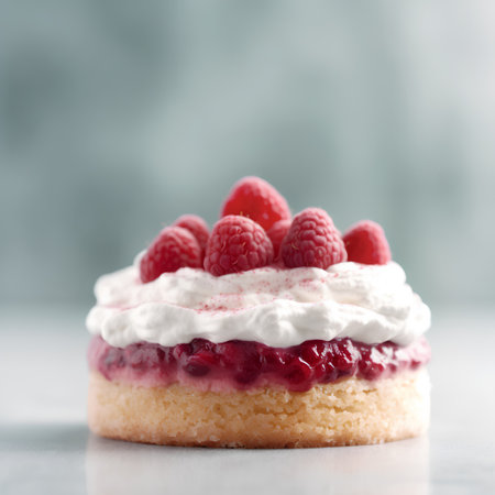 Raspberry tart with whipped cream and fresh raspberries on grey backgroundの素材