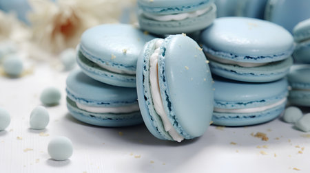 Macaroons on white wooden background. Tasty macaroon in blue color.の素材