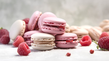 Colorful macaroons with raspberries on a light backgroundの素材