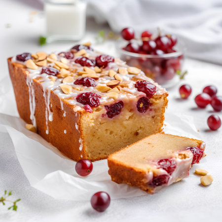 Cranberry cake with almonds and cranberries, selective focus.の素材